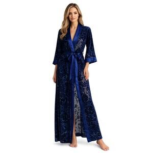 Cabernet Velvet Robe Size L Blue Burnout Silk Lounge Sleepwear Long Belted Soft